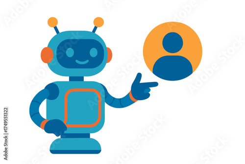 Blue robot chatbot pointing at a generic user profile avatar icon for customer support and digital assistance