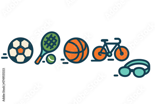 Set of colorful athletic equipment symbols featuring a soccer ball basketball tennis racket and bicycle