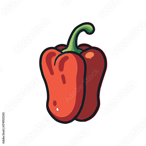Isolated red pepper with green stem, simple flat vegetable art. Pepper drawing shows vivid color, organic shape and smooth surface. Consider isolated red pepper for educational or culinary designs.