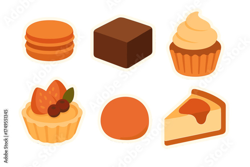 Six sweet dessert stickers featuring macaron, brownie, cupcake, tart, and cheesecake slice