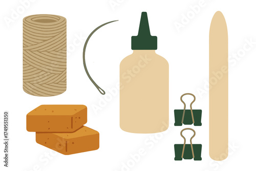 Essential bookbinding supplies set featuring twine, adhesive bottle, binder clips, and bone folder