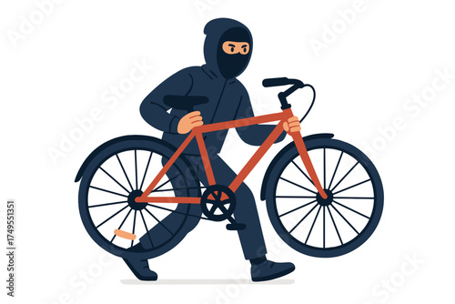 Masked burglar running away quickly with a stolen red and blue bicycle