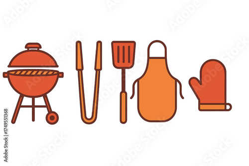 Set of essential barbecue tools including grill, tongs, spatula, apron, and mitt