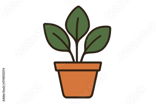 Simple graphic depiction of a small houseplant with three large green leaves in a terracotta pot