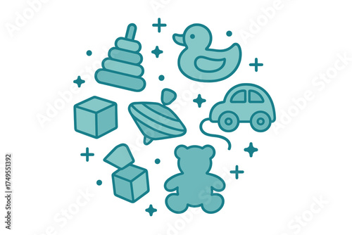 Traditional children's toys arranged in a circle including a teddy bear, car, and stacking blocks