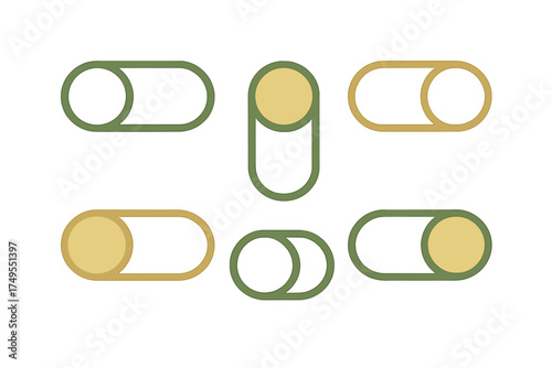 Collection of modern user interface toggle switches illustrating active and inactive states