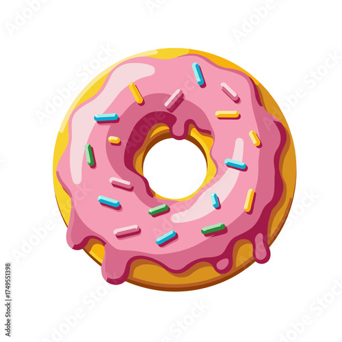 Delicious donut with sweet pink glaze and colorful sprinkles, donut, viewed from above on white background. Sweet donut offers a tempting indulgence.