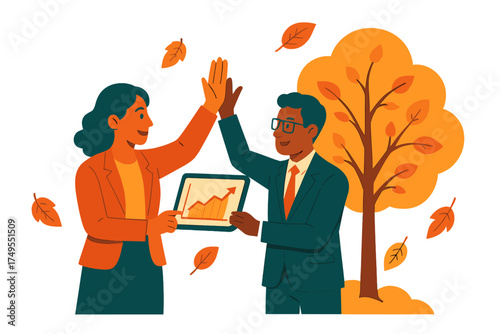 Business partners giving high five celebrating success and teamwork in autumn park