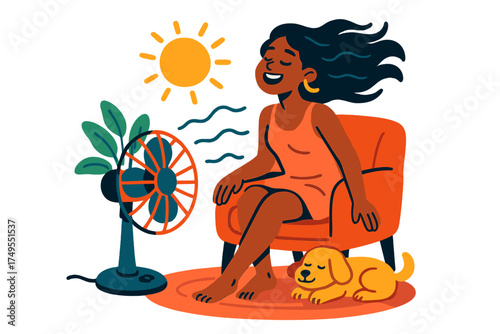 Happy woman sitting in armchair with dog enjoying cool breeze from electric fan on hot summer day