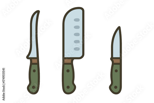 Set of three essential kitchen knives: chef knife, boning knife, and utility knife with green handles