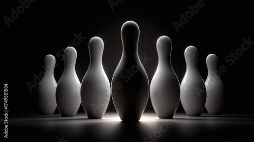 Bowling pins arranged symmetrically in a dramatic, low-key lighting setup, emphasizing form and shape. Perfect for sports or recreation visuals.