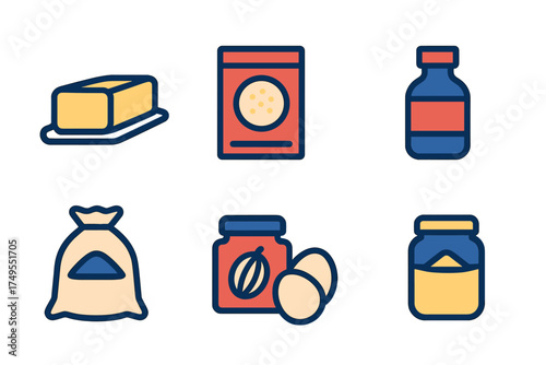 Collection of essential baking ingredients icons including butter, flour, eggs, and packaged goods