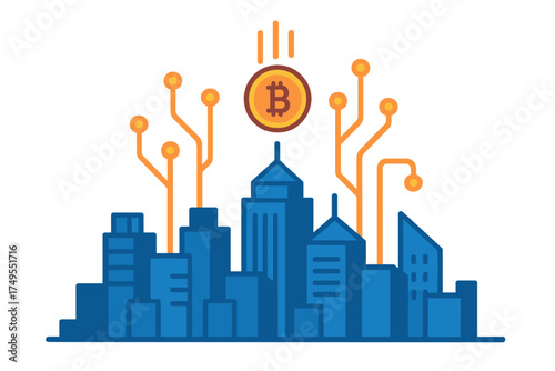 Digital currency exchange featuring a floating coin above a modern city skyline and connected data lines