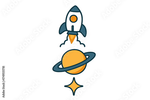 Set of space exploration icons featuring a flying rocket, the ringed planet Saturn, and a shining star symbol