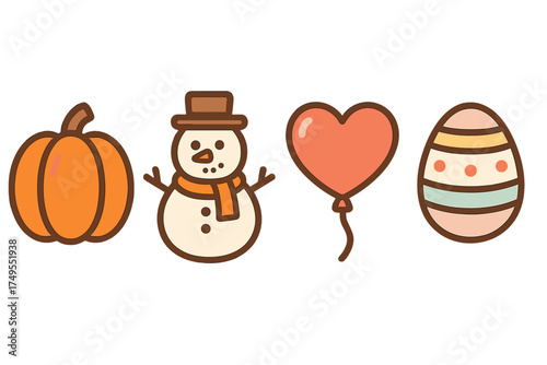 Seasonal symbols collection featuring autumn pumpkin, winter snowman, Valentine heart, and spring Easter egg