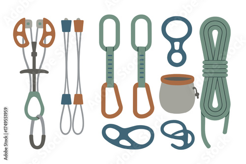 Essential rock climbing and mountaineering equipment set including rope quickdraws cams and belay devices