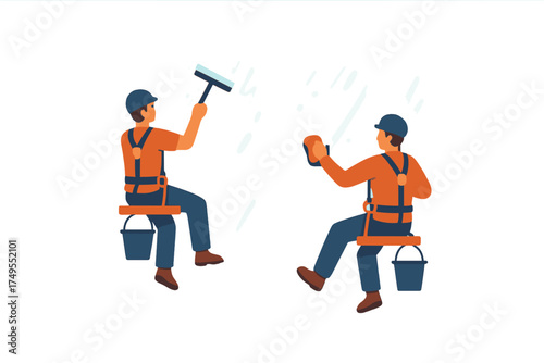 Professional workers cleaning skyscraper windows while suspended on safety harnesses and seats