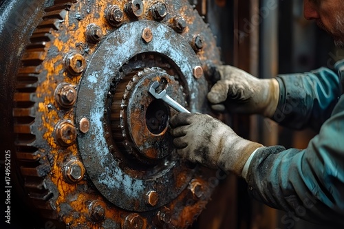 Mechanic repairing rusty industrial gear with wrench and gloves during maintenance