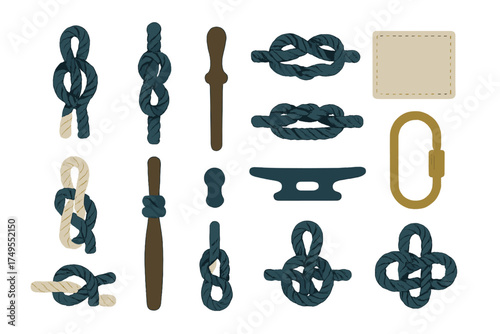 Marine rope knots, boat cleat, marlinspike, and carabiner set for sailing