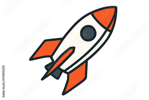 Stylized space rocket ascending rapidly, featuring orange and white colors