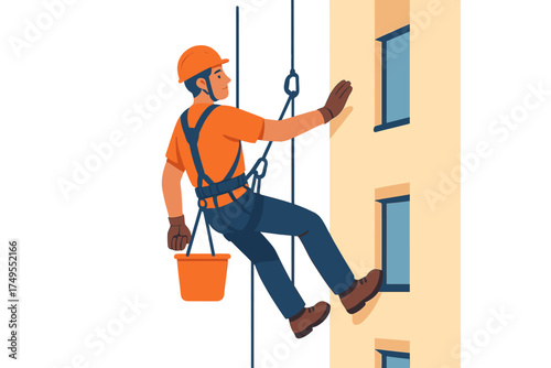 Industrial climber worker rappelling down high-rise building facade for cleaning