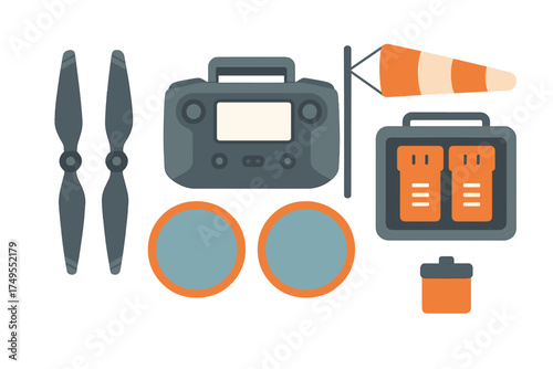 Essential accessories for drone operation including remote control, propellers, charger, and windsock