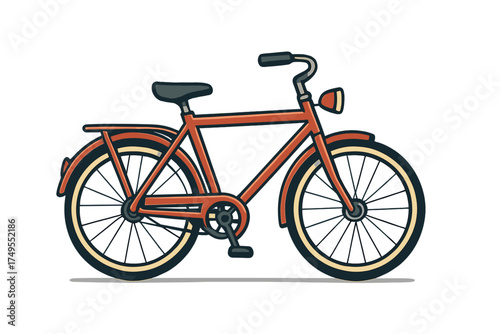 Classic red city bicycle with luggage rack and headlight on white background