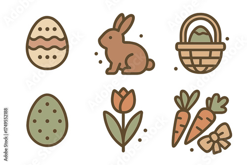 Traditional Easter symbols set featuring rabbit, decorated eggs, basket, and spring flowers in earthy tones