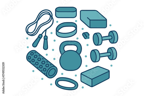 Essential fitness equipment arrangement featuring kettlebell, dumbbells, jump rope, foam roller, and yoga blocks
