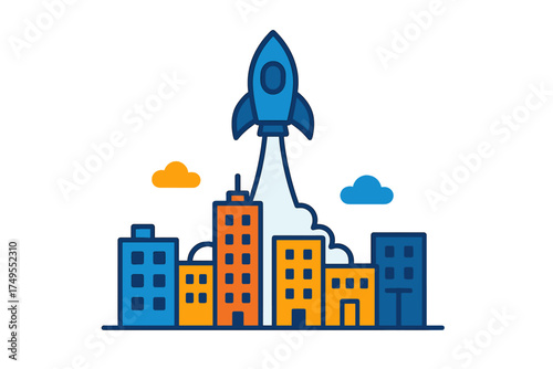 Rocket launch over modern city skyline symbolizing business startup success and rapid growth