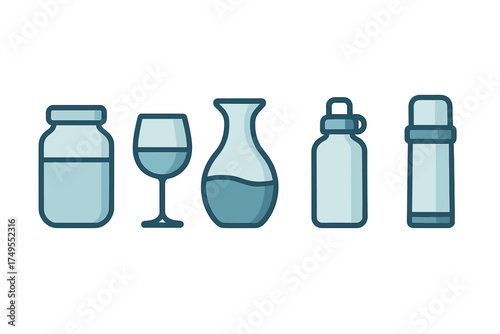 Collection of liquid containers including glass, bottle, jar, flask, and carafe shapes