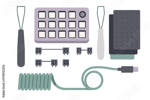 Flat lay arrangement of custom mechanical keyboard components and assembly tools