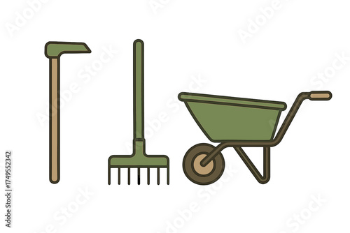 Collection of essential gardening tools including wheelbarrow, rake, and hoe