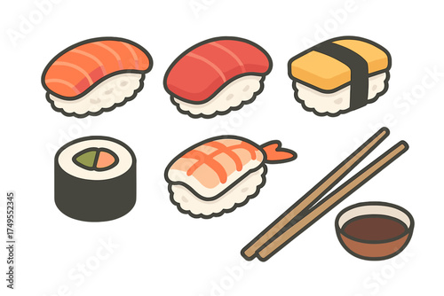 Traditional Japanese nigiri sushi and maki roll assortment served with chopsticks and dipping sauce