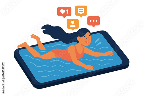 Woman swimming in a smartphone screen pool surrounded by floating social media notification icons