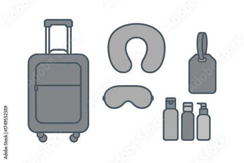 Travel accessories set including suitcase, neck pillow, sleep mask, and toiletries