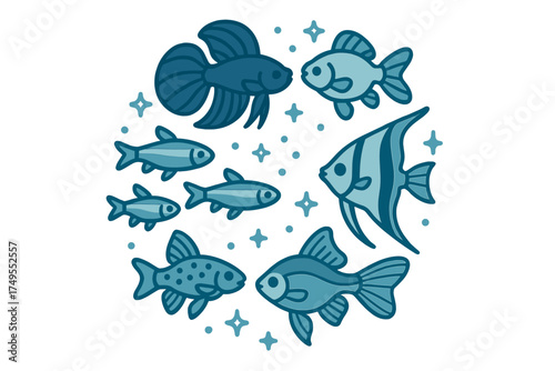 Stylized freshwater fish collection including betta and angelfish swimming in a circular pattern