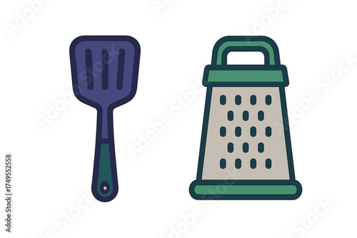 Essential kitchen tools set featuring a slotted turner and a manual cheese grater