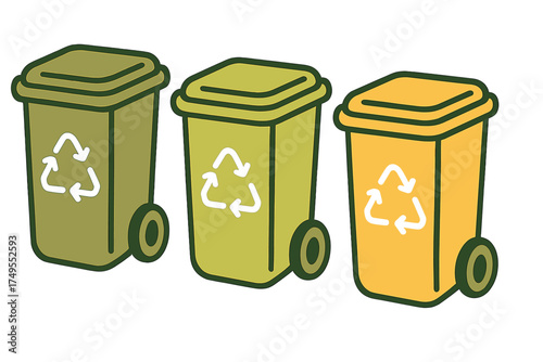 Three colored recycling bins with wheels for waste separation and environmental protection