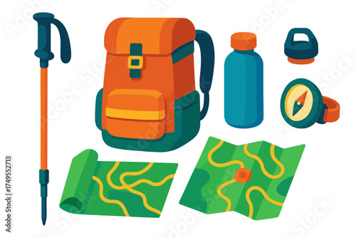 Essential outdoor adventure gear including backpack, map, compass, and trekking pole