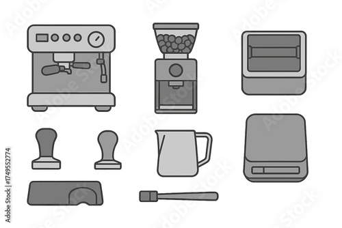 Professional espresso machine, grinder, and barista tools set for coffee preparation