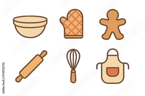 Essential baking tools and kitchen accessories set including mixing bowl, oven mitt, and gingerbread man cutter