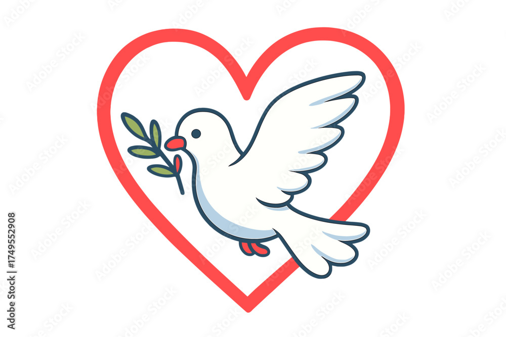 Fototapeta premium Cartoon white dove carrying an olive branch inside a vibrant red heart outline