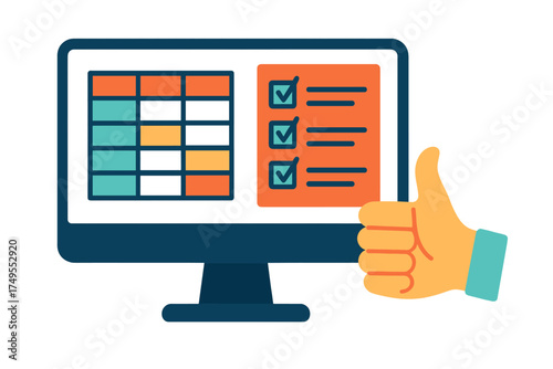 Digital screen showing a spreadsheet and completed task list with a positive hand gesture for achievement