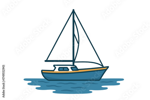 Blue sailboat sailing on the water with white sails and a tall mast