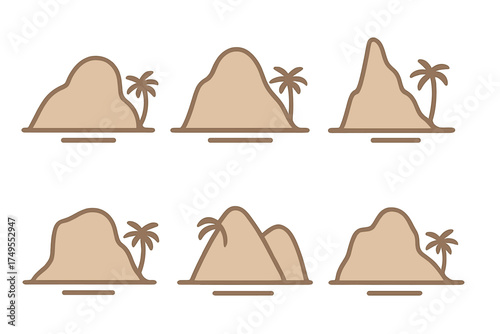 Minimalist collection of stylized tropical island and mountain shapes with palm trees