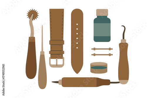 Essential tools and components for crafting custom leather watch straps: awl, stitching wheel, and dye