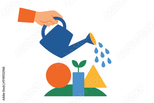 Hand holding watering can pouring water onto small green sprout surrounded by abstract shapes