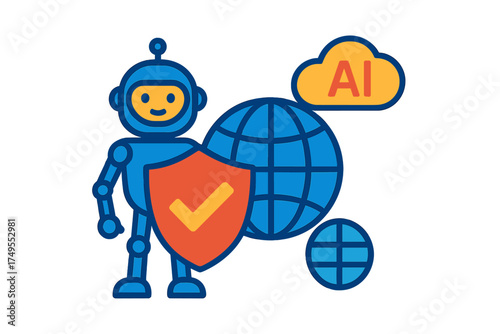Friendly robot mascot holding a security shield protecting the global internet network