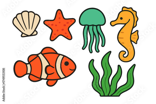 Colorful cartoon marine life set featuring fish, seahorse, jellyfish, and starfish